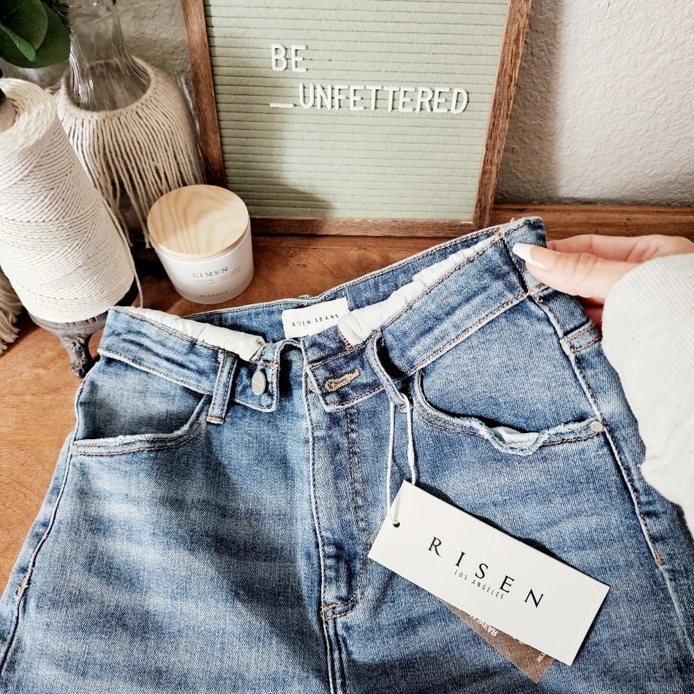 RISEN HR Medium Wash Slim Wide Leg Jeans Fold Over Stretch Classic 9/29 NEW - Picture 6 of 10